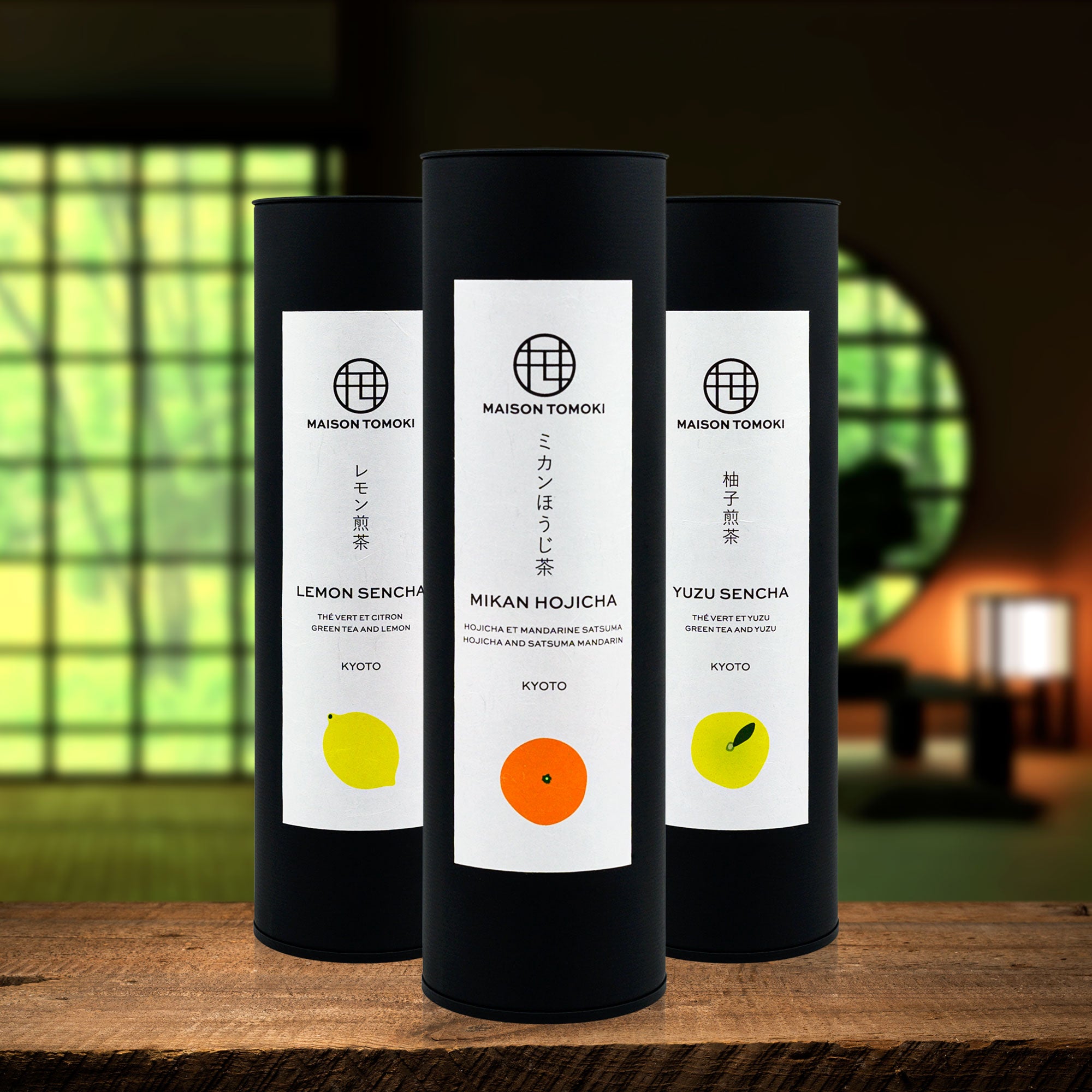 Premium Japanese Green Tea - Yuzu Sencha, Lemon Sencha, and Mikan Hojicha - Citrus Blend Collection in Black Tin Cans with Washi Paper, Shoji Backdrop, Washitsu, and a Hint of Green Garden, Uji, Kyoto - MAISON TOMOKI