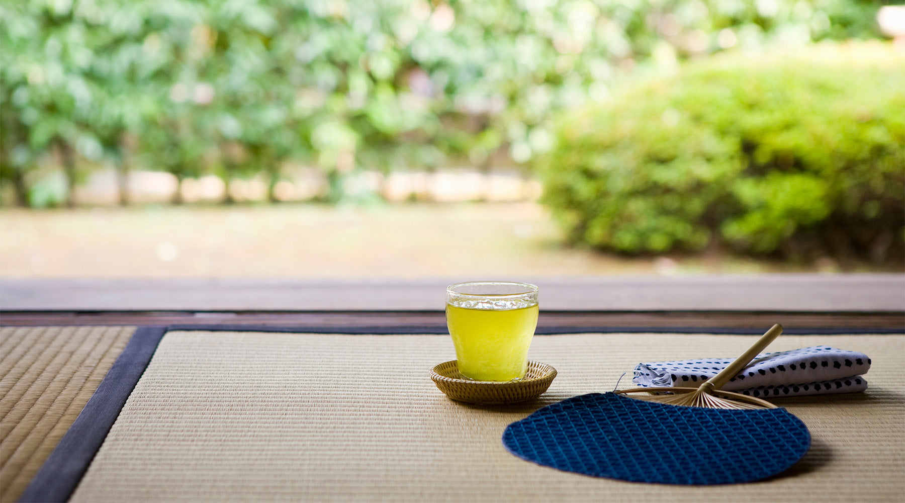 A cup of sencha placed on a tatami engawa with a blue traditional fan, overlooking a serene traditional Kyoto garden in the summer, capturing the essence of Japanese tea culture and seasonal beauty - Maison Tomoki